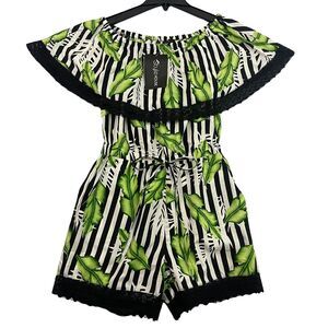 Style House Off The Shoulder Romper Womens Size M Green Lace Boho Elastic Waist